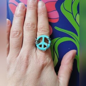 Hippie vibes faux turquoise Peace Sign Wire Wrapped Ring